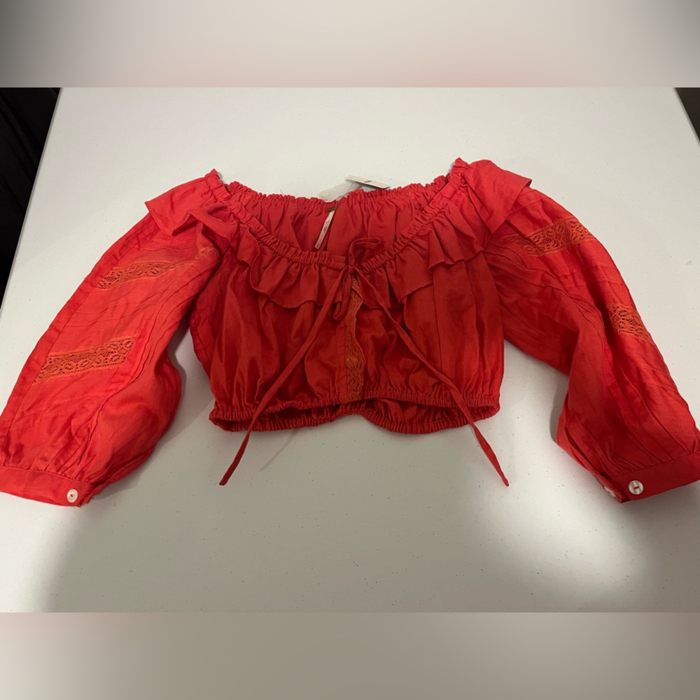 Free People NWT tangerine long sleeve ruffled off shoulder crop top